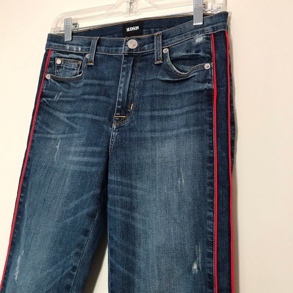 Hudson Jeans Zoeey Ankle Straight Leg Red Tuxedo Stripe Distressed Size 24 - Picture 4 of 16